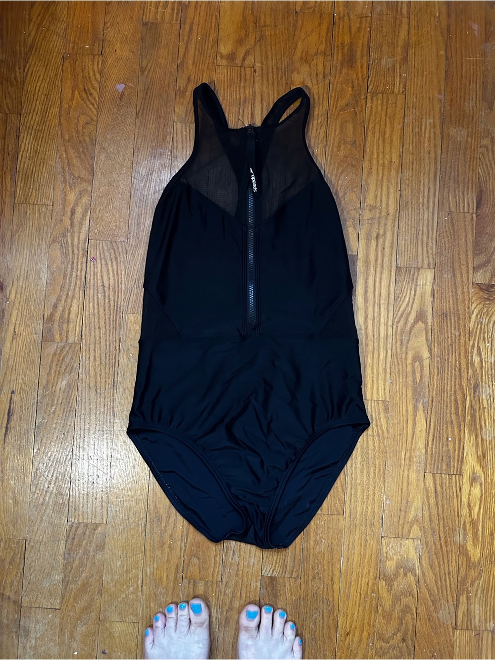 Speedo Black Mesh-Panel Zip Front One-Piece Swimsuit